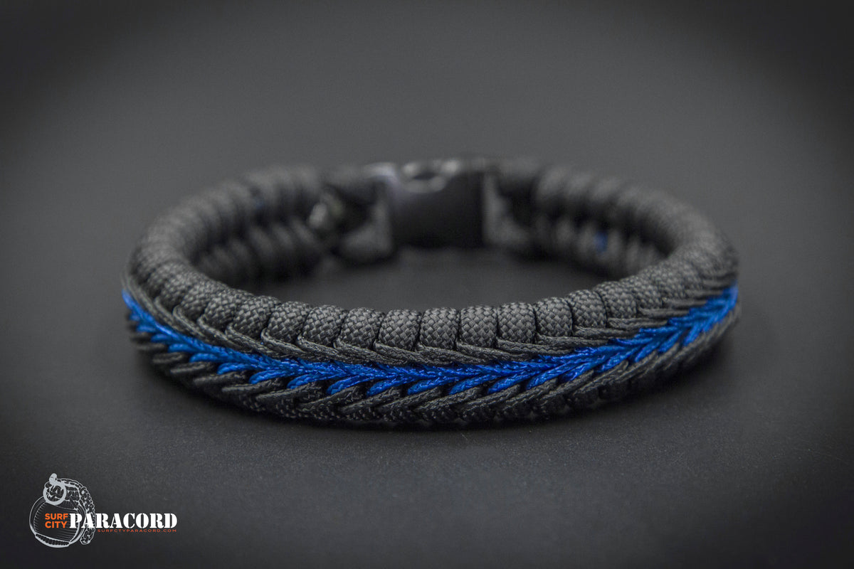 Police Thin Blue Line Stitched Fishtail Paracord Bracelet (Ver. 2) 5.75 / Plastic Buckle - Included
