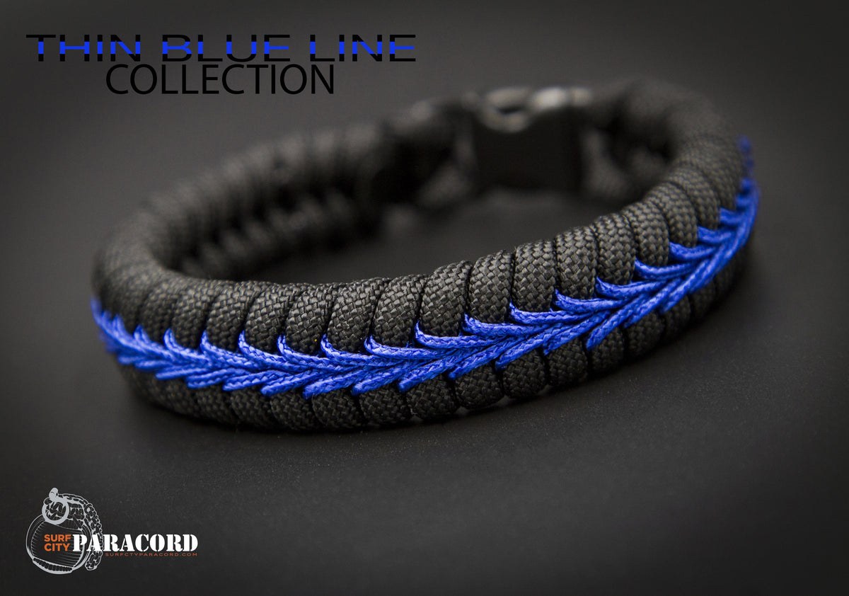 Police Thin Blue Line Stitched Fishtail Paracord Bracelet. 5 / Plastic Buckle - Included