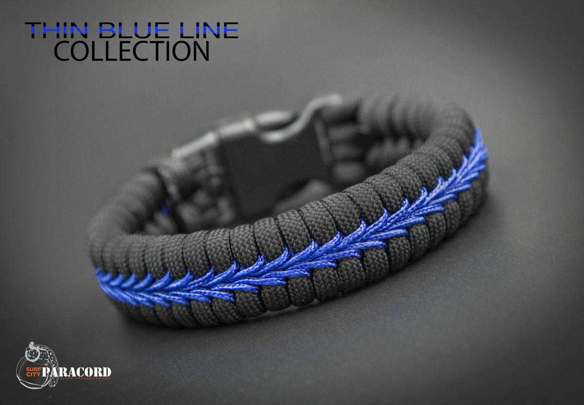 Police Thin Blue Line Wide Fishtail Paracord Bracelet 6.75 / Plastic Buckle - Included