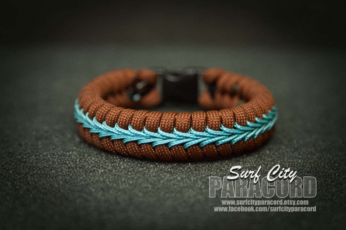 Brown Paracord Fishtail Bracelet with Blue Center Stitch.