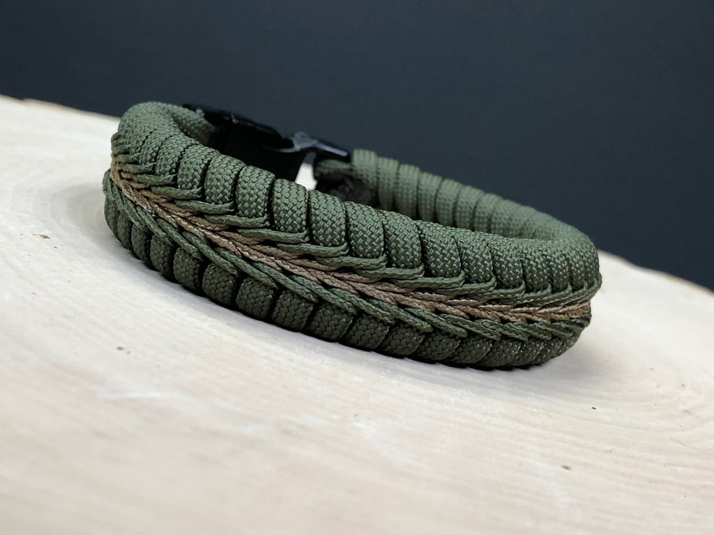 Wide Stitched Fishtail Paracord Bracelet (Olive Drab and Coyote) 6.75