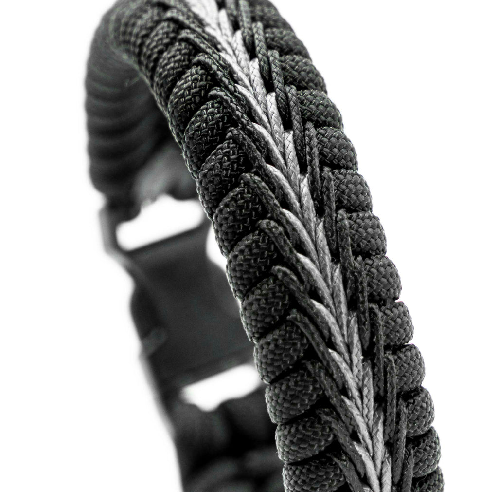 Wide Stitched Fishtail Paracord Bracelet (Thin Gray Line) 7.75