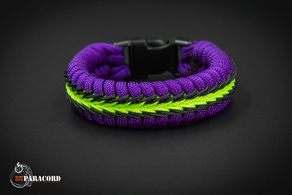 Wide Stitched Fishtail Paracord Bracelet Purple Neon Green