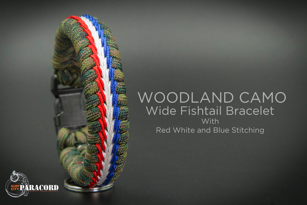 Wide Stitched Fishtail Paracord Bracelet (Woodland Usa) 8.5