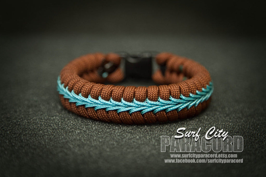 Brown Paracord Fishtail Bracelet with Blue Center Stitch. 7.25