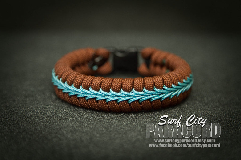 Brown Paracord Fishtail Bracelet with Blue Center Stitch