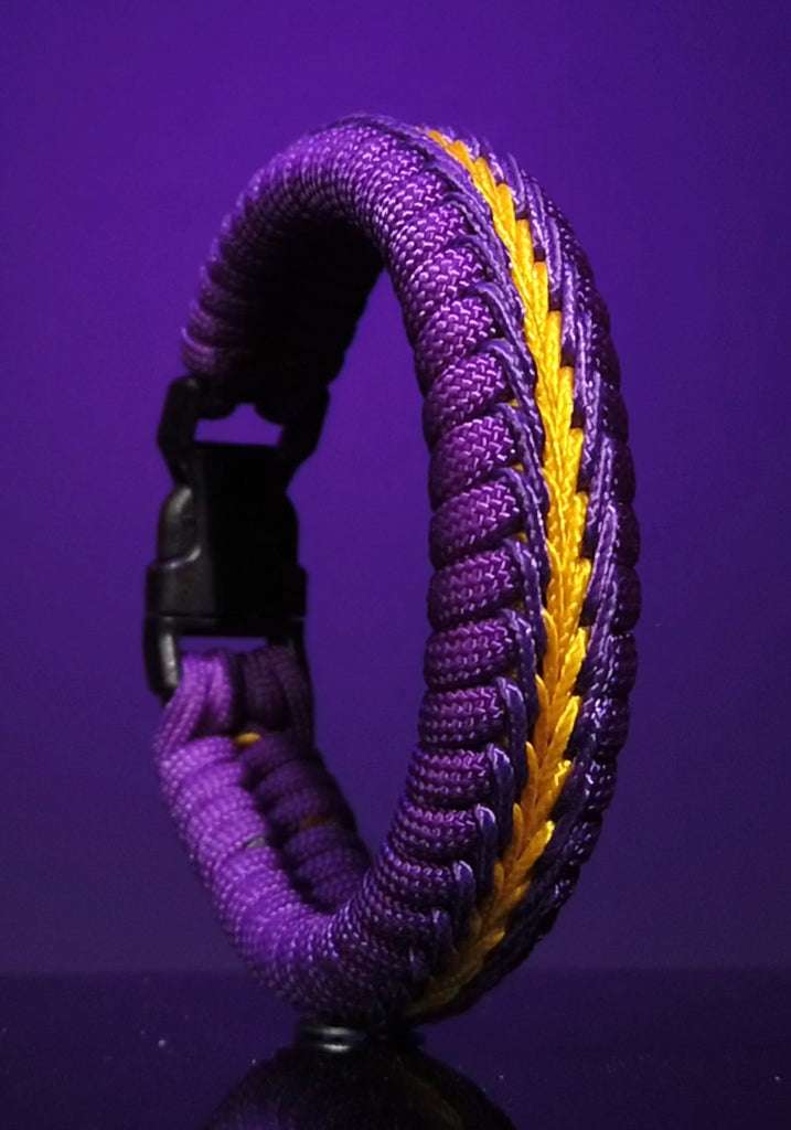 Wide Stitched Fishtail Paracord Bracelet (Purple / Gold) 7.75